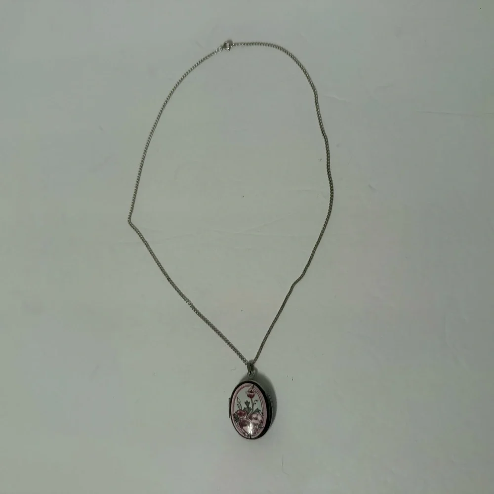 MICHAELA FREY LOCKET SP VINTAGE ART NOUVEAU ENAMEL FLORAL CHAIN STERLING SILVER